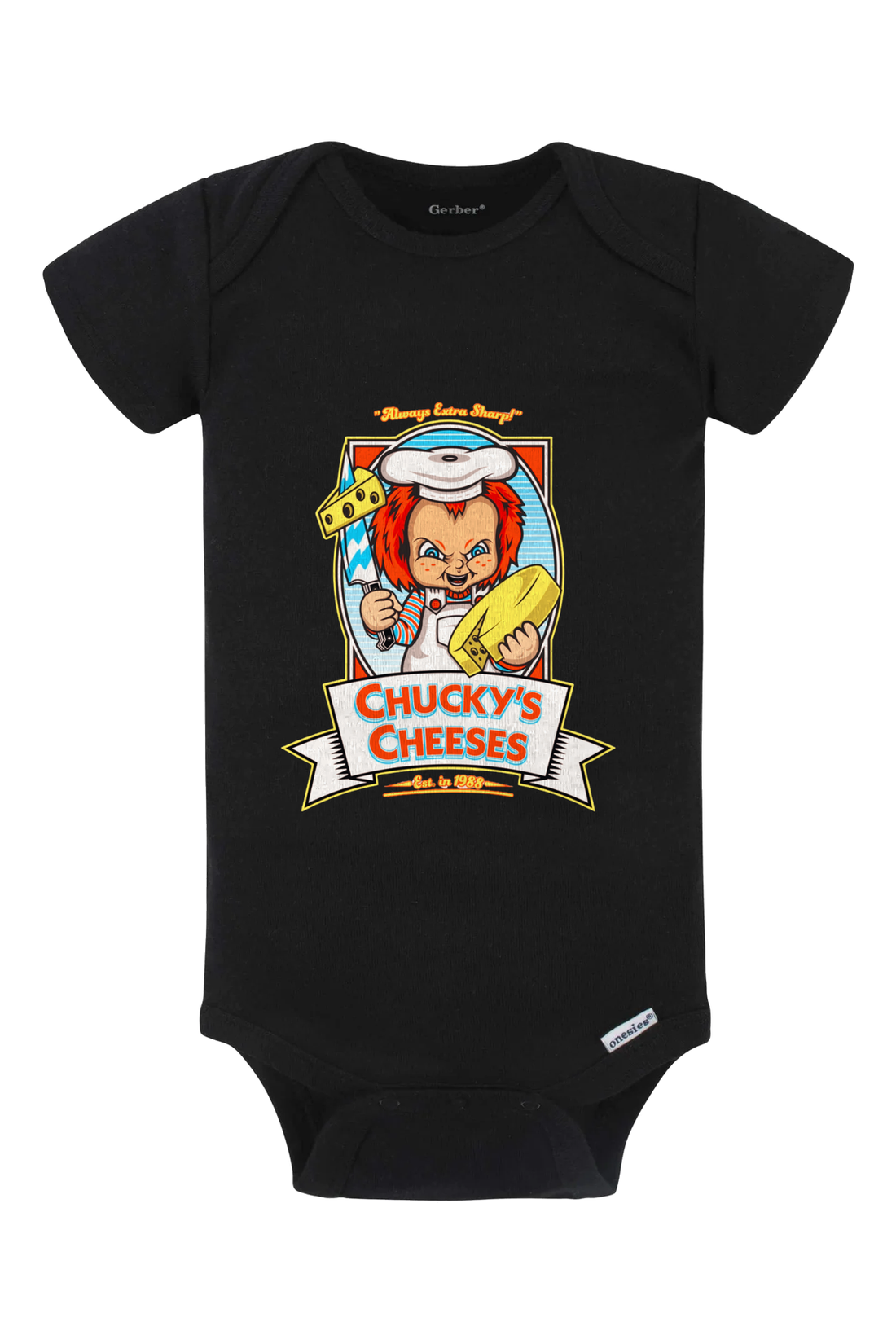 Chucky’s Cheese Onesie - black