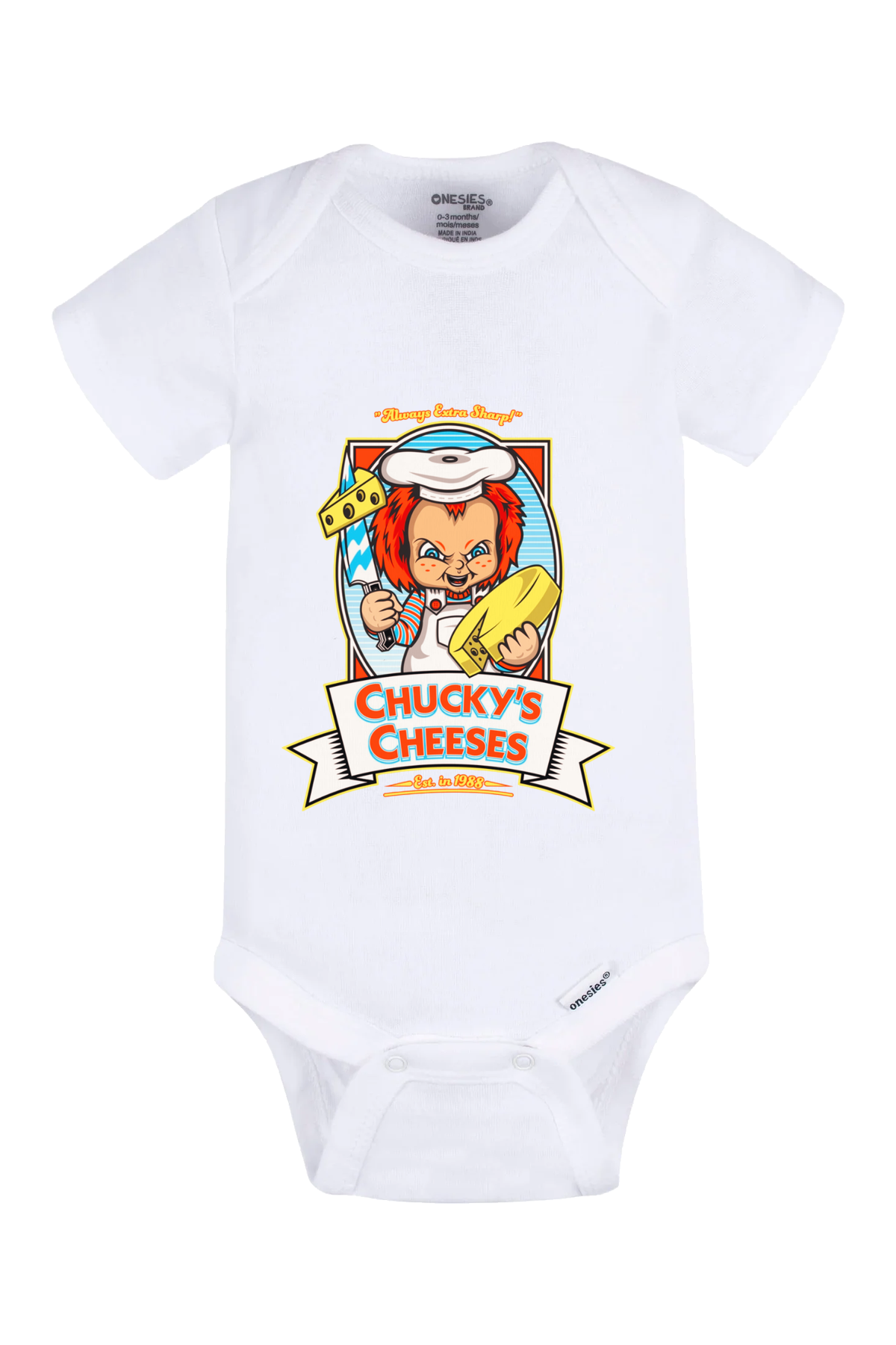 Chucky’s Cheese Onesie - white