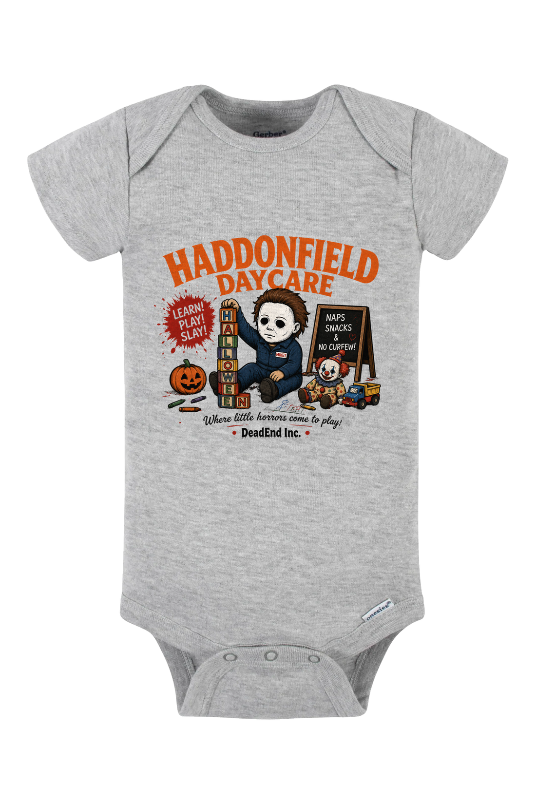 Haddonfield Daycare Blocks Onesie - light blue