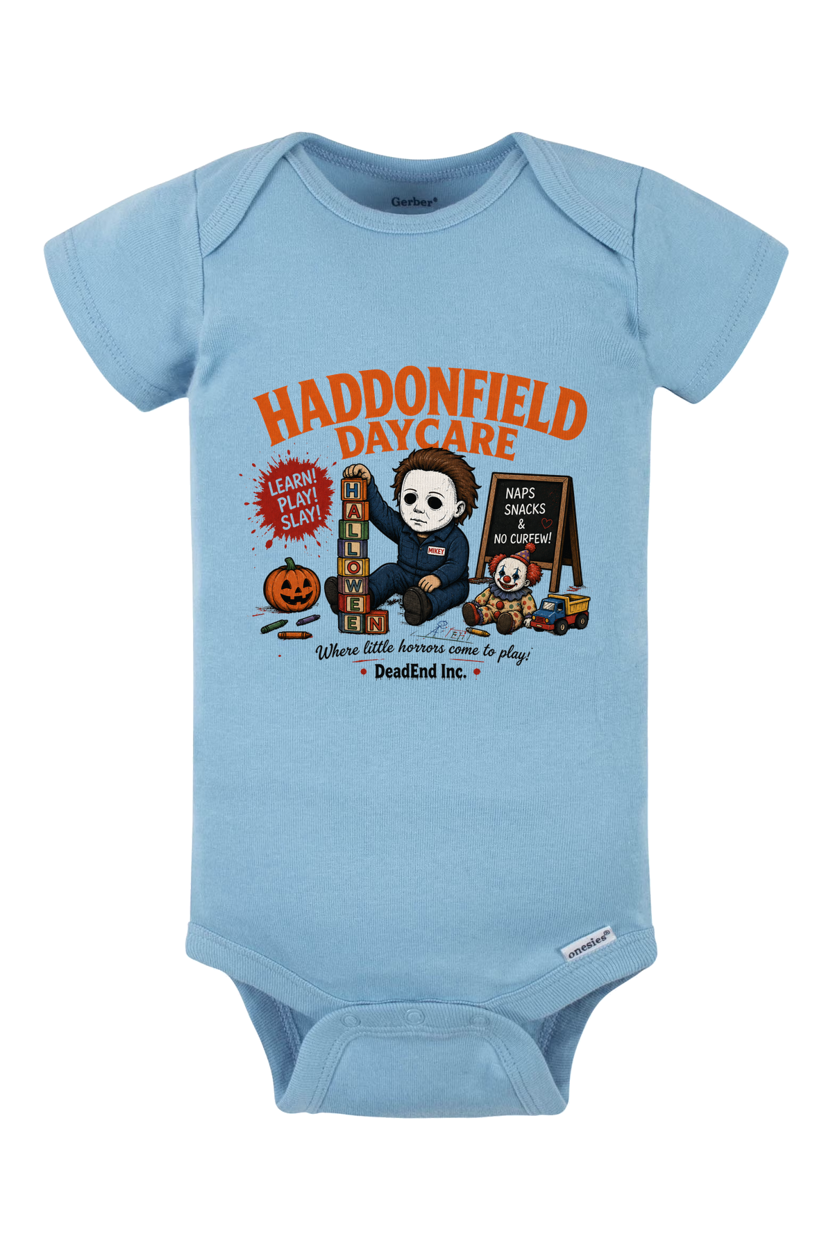 Haddonfield Daycare Blocks Onesie - light blue