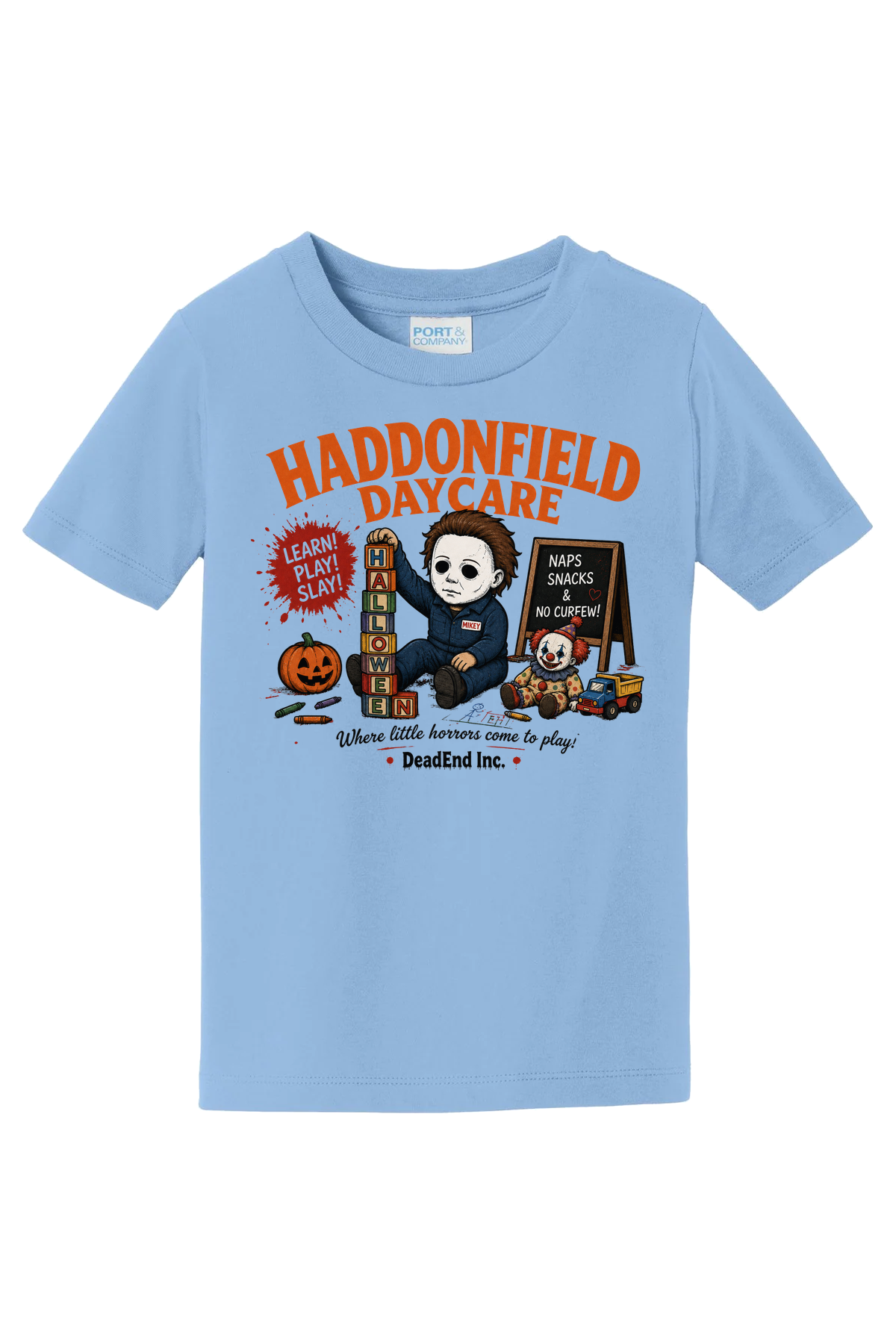 Haddonfield Daycare Blocks T-Shirt - light blue