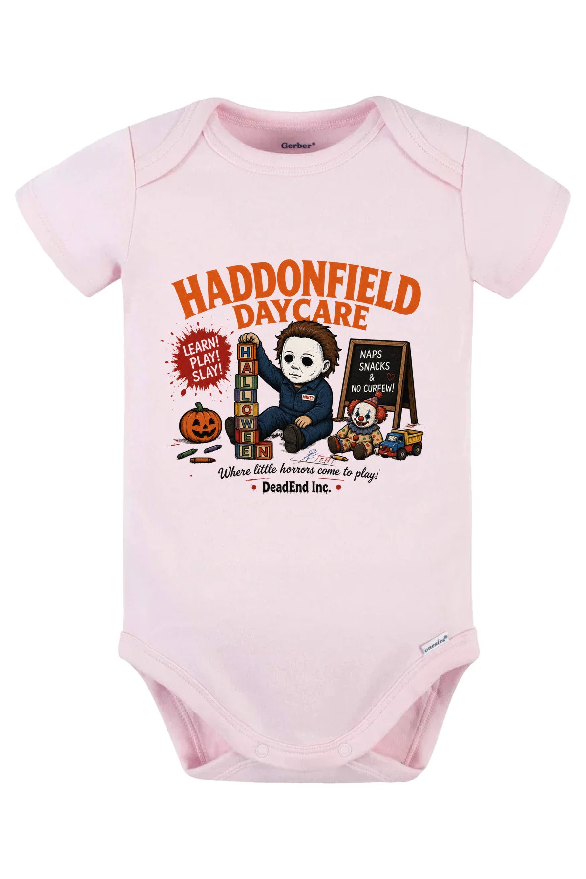 Haddonfield Daycare Blocks Onesie - pink