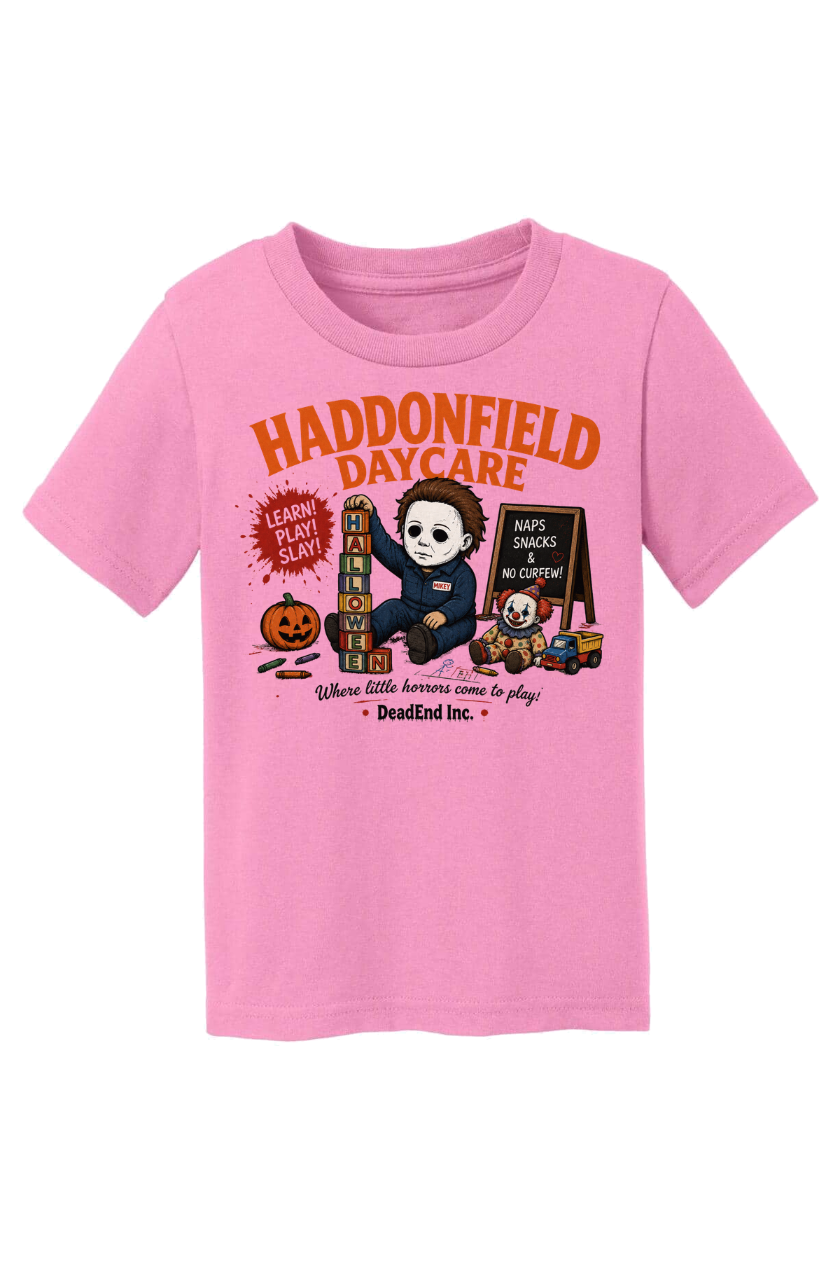 Haddonfield Daycare Blocks T-Shirt - pink