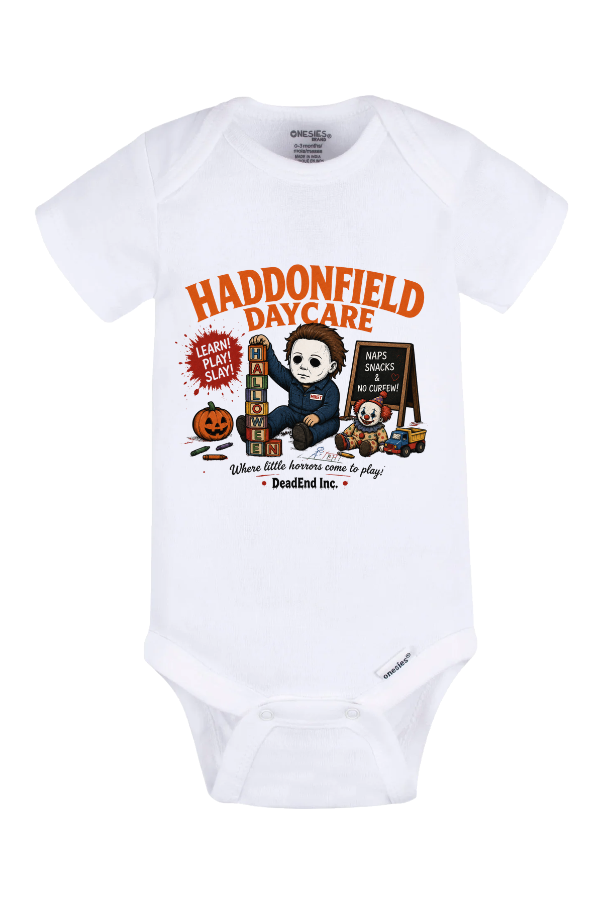 Haddonfield Daycare Blocks Onesie - white
