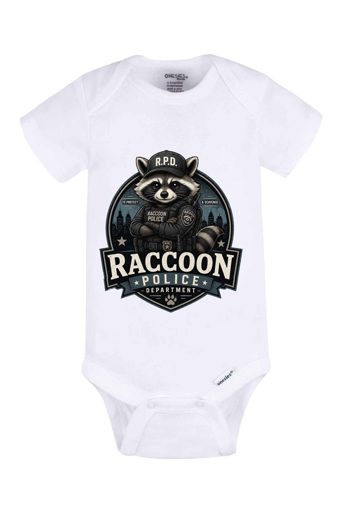 Raccoon Police Department Onesie - white