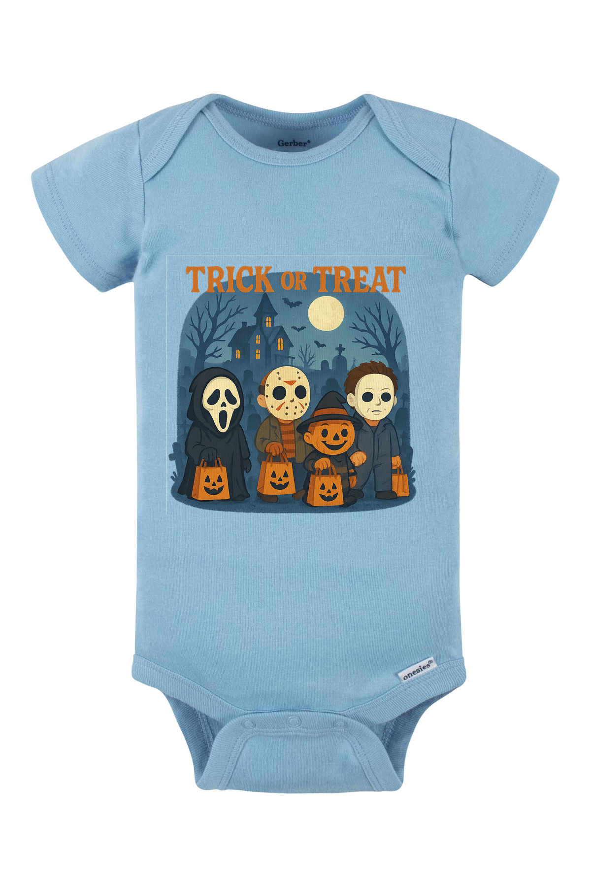 Trickor Treat Bag Words Onesie - light blue